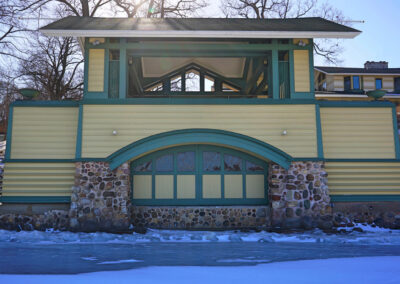 Boathouse north facade from frozen lake