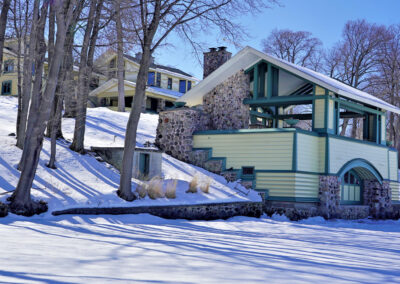 Boathouse from frozen lake